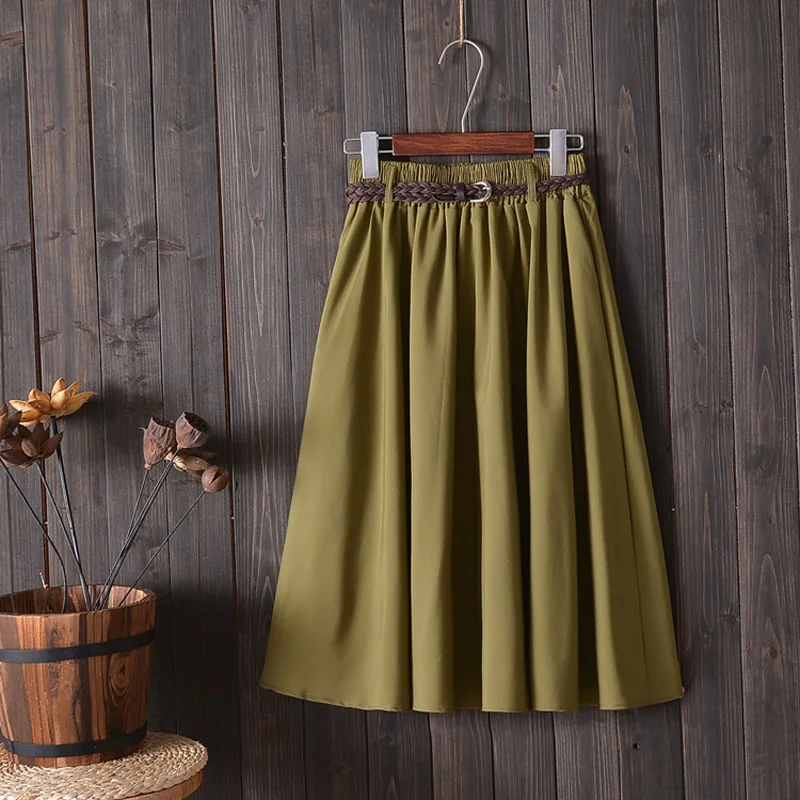 Korean Women With Belt Pleated Skirt Fashion Midi Knee Length Summer Skirt Ladies High Waist A-line School Skirt Female