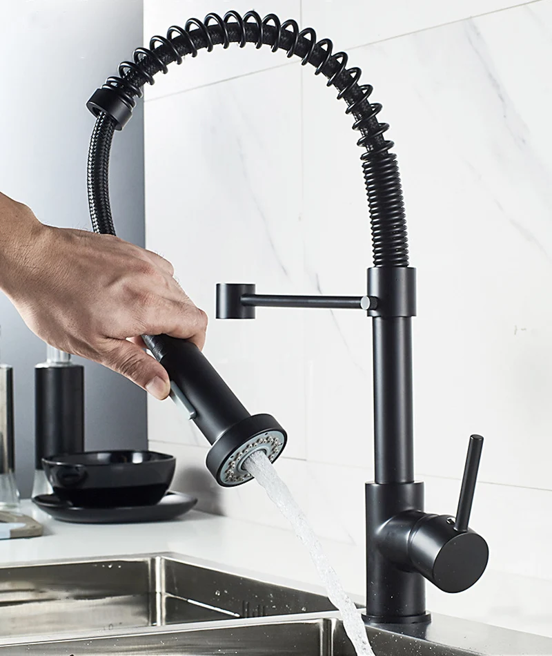 Matte Black Pull Down Kitchen Faucet Hot Cold Water Mixer Crane Tap Brass Spring Kitchen Sink Faucets Chrome Dual Modes Nozzle