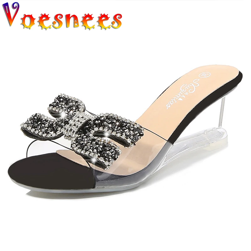 Women Shoes Slides Summer Diamond Wedges Sandals Women Sexy Crystal Transparent High Heels PVC Slippers String Bead Slippers