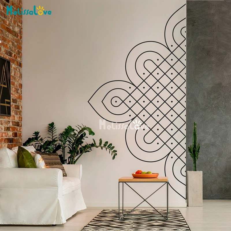 Kolam in Half Mandala Decal Folk Indian Removable Vinyl Wall Sticker Living Room Bedroom Home Decor Yoga Studio BD957