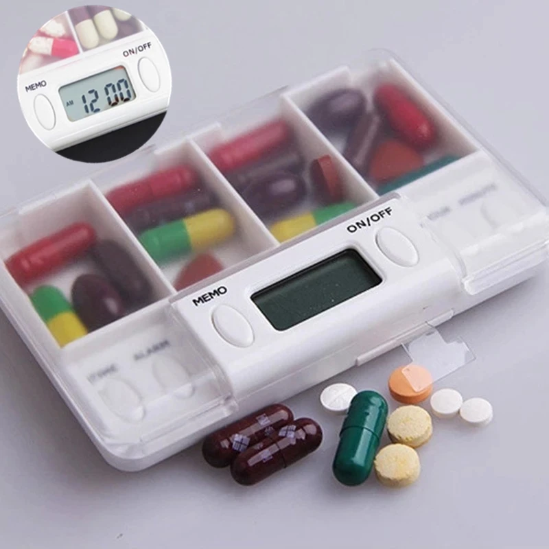 

4 Grid pill box medicine Storage Box Electronic Timing Reminder Medicine Boxes Alarm Timer Pills Organizer Pill Drug Container