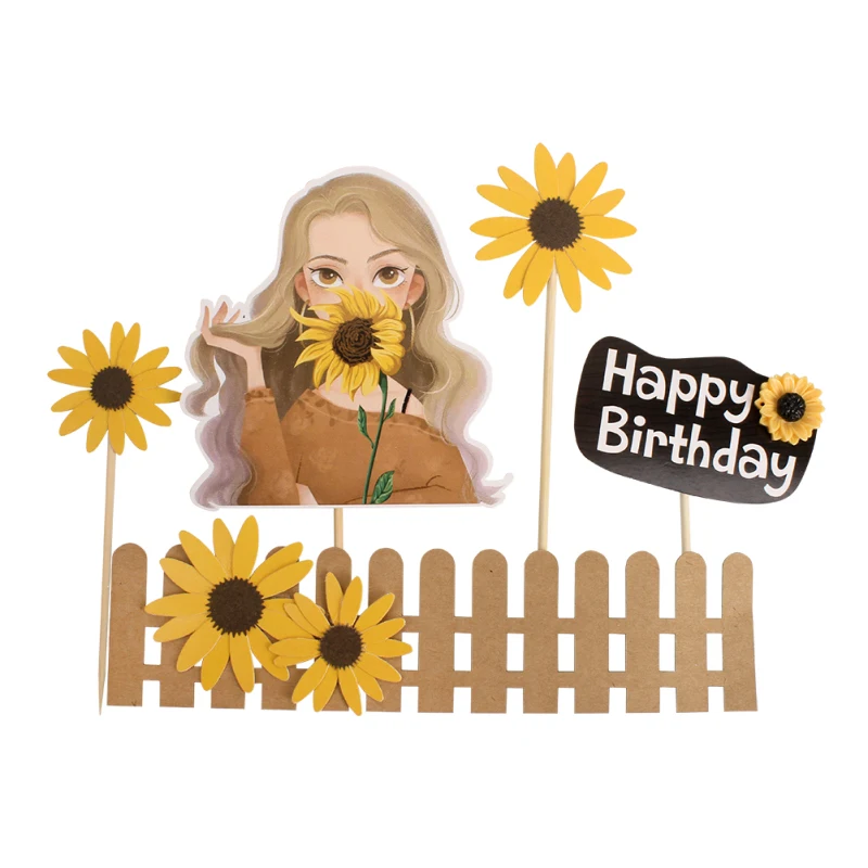 Sunflower Cake Topper Girl Lady Happy Birthday Cupcake Topper Party Dessert Wedding Decoration Baby Shower Baking Supplies DIY