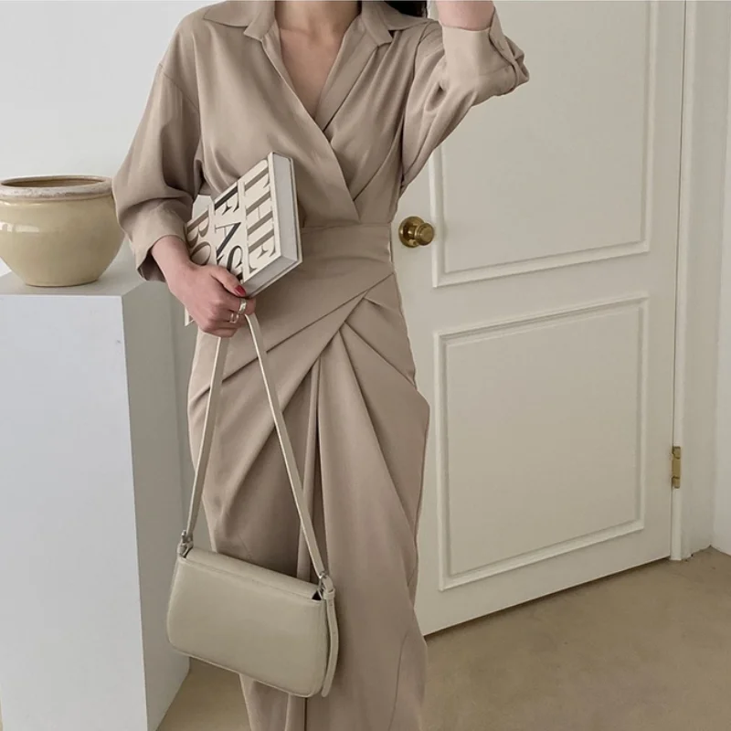 2021 New Women Summer Long Bandage Shirt Dress V Neck Slim Waist Wrap Dresses Maxi Sundress