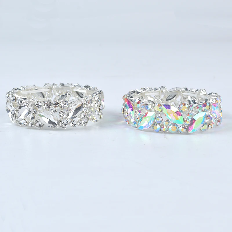 Simple AB Color Colorful Crystal Cuff Bangles Bracelet Big Wide Stretch Bangle Jewelry Gifts For Women Wedding Accesorios