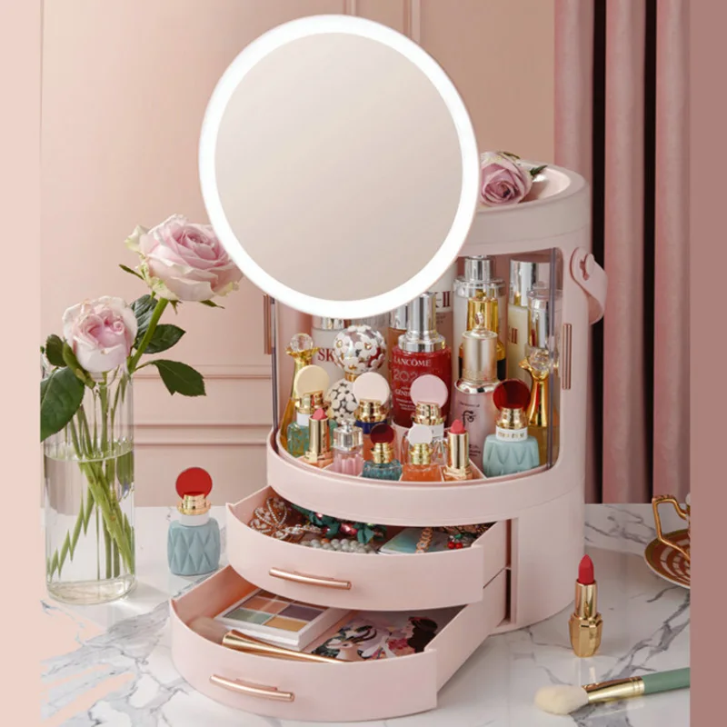 2021 New Desktop Drawer Type Transparent Cosmetic Storage Box With Led Light Mirror Rotating Plastic Cosmetic Storage Box