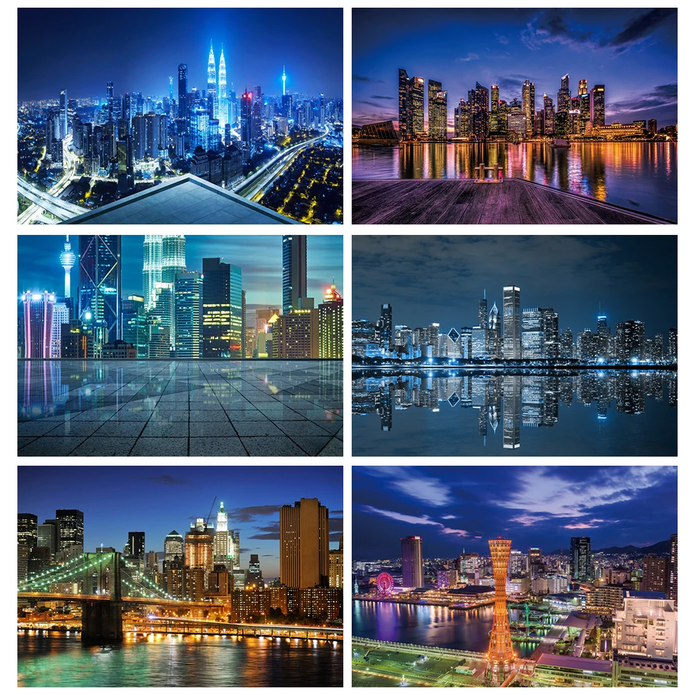 Photography Backdrop City Buildings Suburb Riverside Silhouette Light Night Scenic Photographic Background For Photo Studio