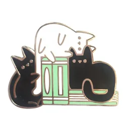 Cats sitting on bookshelf enamel pin super cute literary bookworm decor