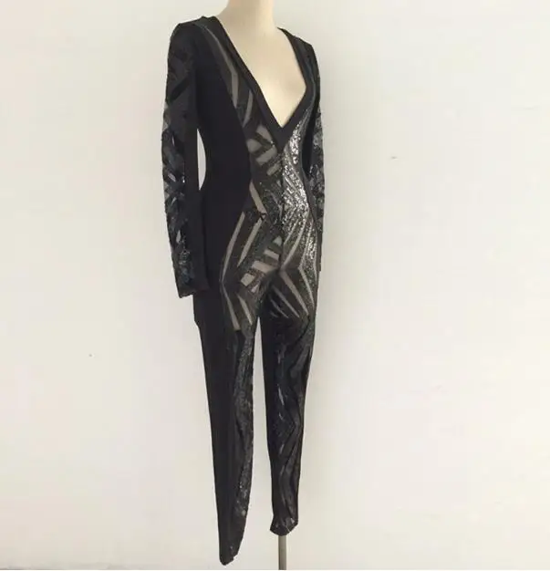 

Hot Sale Sexy Deep V-Neck Long Sleeve Sequined Black Bodycon Jumpsuit for Women Club