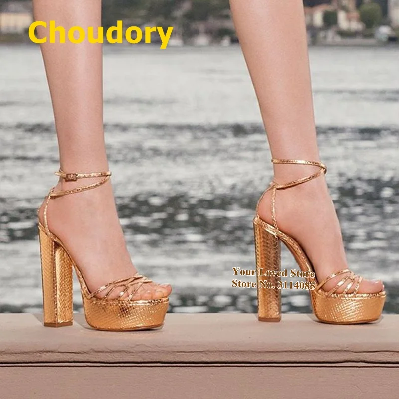 

Choudory Luxury Gold Snakeskin Chunky Heel Sandals Cross Strappy Platform Banquet Shoes Gladiator Dress Pumps Python Dropship