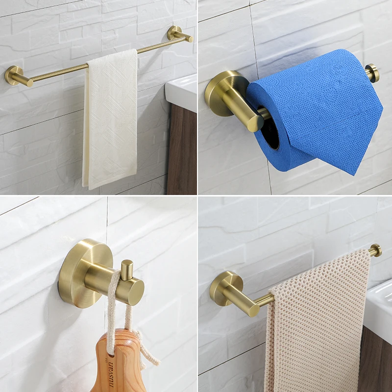 

Gold Brushed Bathroom Accessories Hardware Set - Include Paper Holder Towel Bar Robe Hook Towel Ring 4 Pieces Set