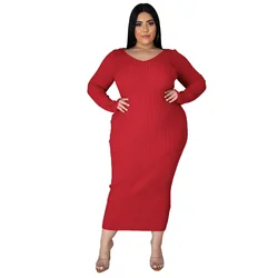 Feminino casual vestidos de tamanho grande moda outono inverno manga comprida roupas 2021 costela afundado listra malha algodão vestido cor sólida