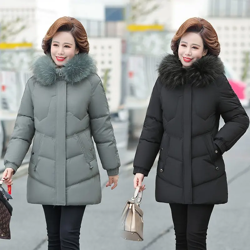 Middle-aged Women\'s Parkas Faux fur collar Jackets Winter Plus Velvet Lamb Hooded Coats Cotton Jacket Womens Mama Overcoat