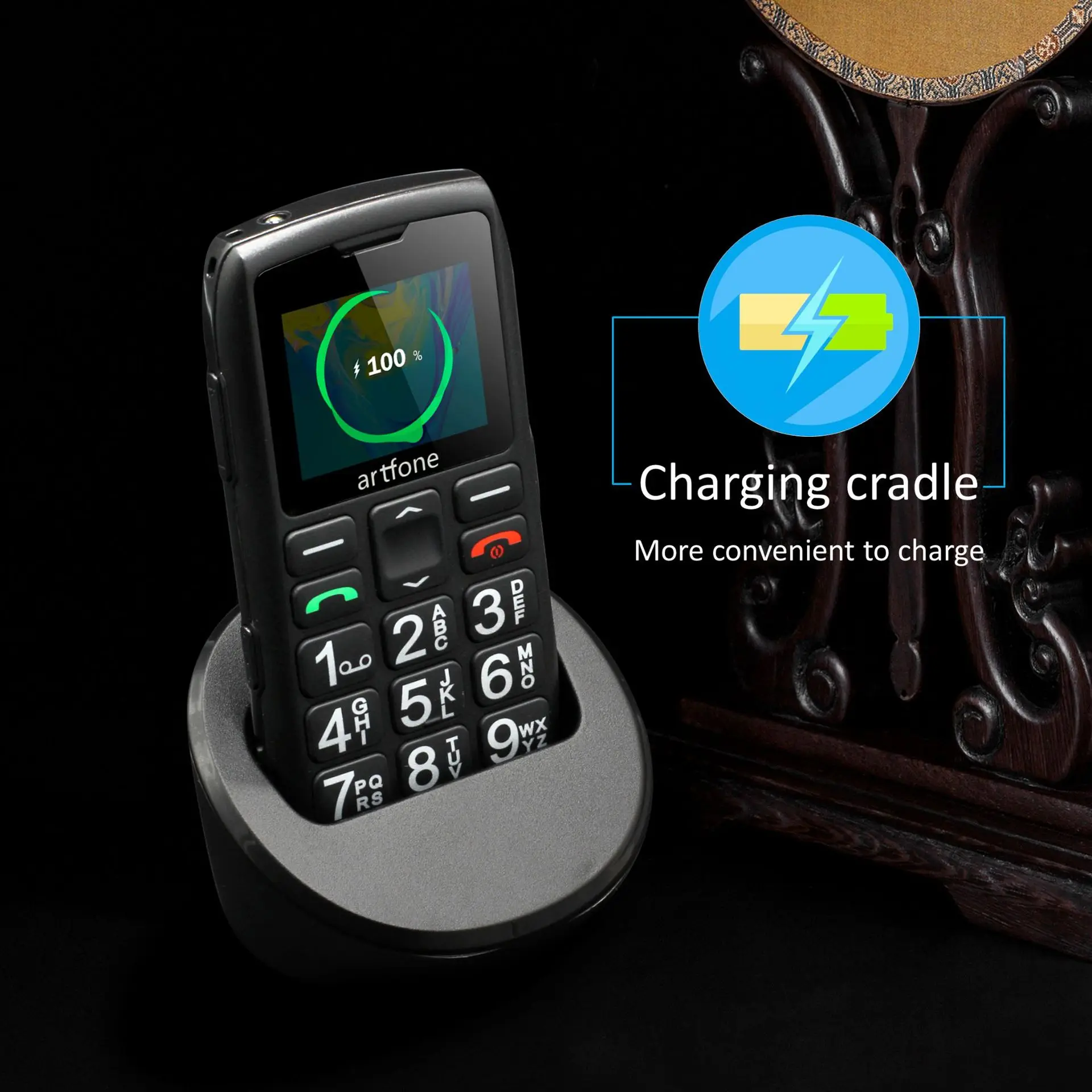 Artfone C1+ Bar Senior Mobile Phone With Free Charging Dock Big Rubber Keypad  For Elderly Dual Sim One Key SOS FM 1400mAh Cell