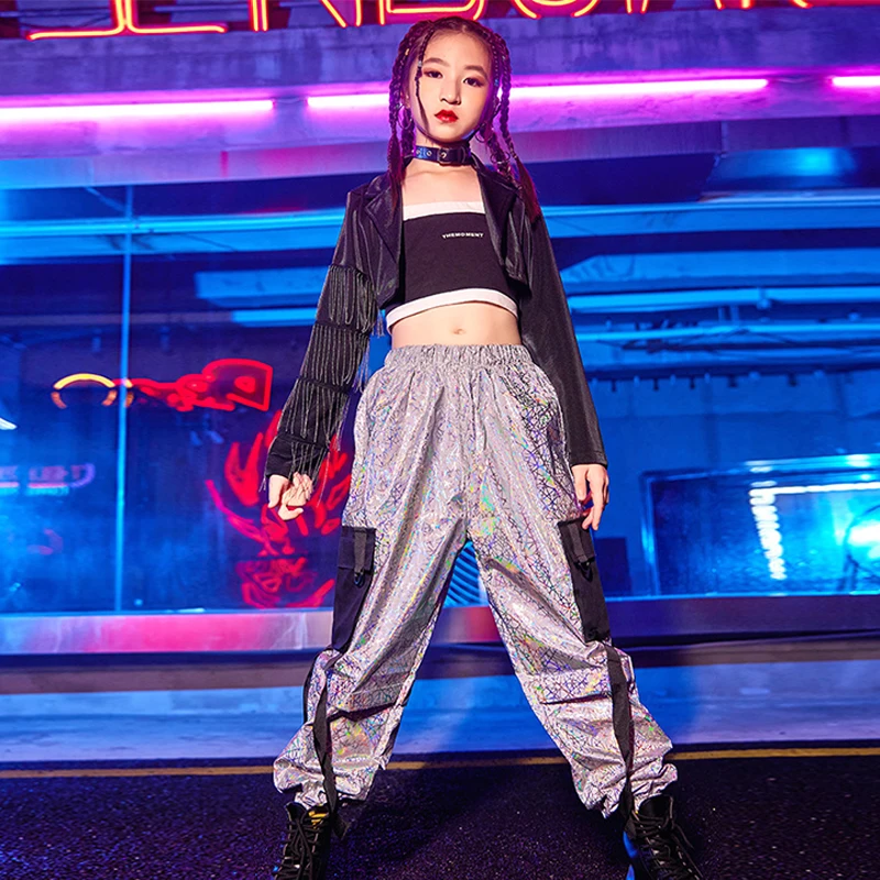 Hip Hop Jazz Dance Kostüm Mädchen Kpop Bühne Outfit Quaste Schwarze Jacke Helle Cargo Hosen Modenschau Kleidung Street Dance Tragen