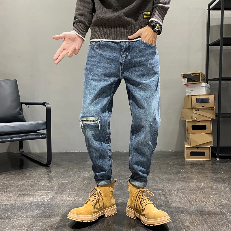 

American patch ripped jeans men loose fall/winter long pants Beggar trend brand Harlan radish pants