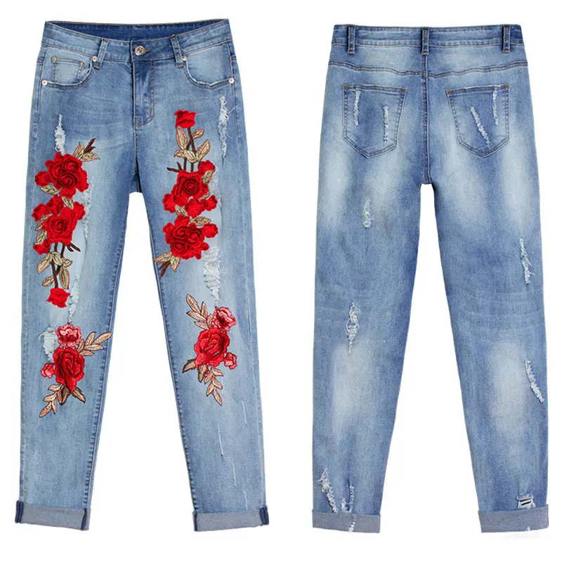 Pantalones vaqueros rasgados 3D con flores rosas bordadas, elásticos, para mujer