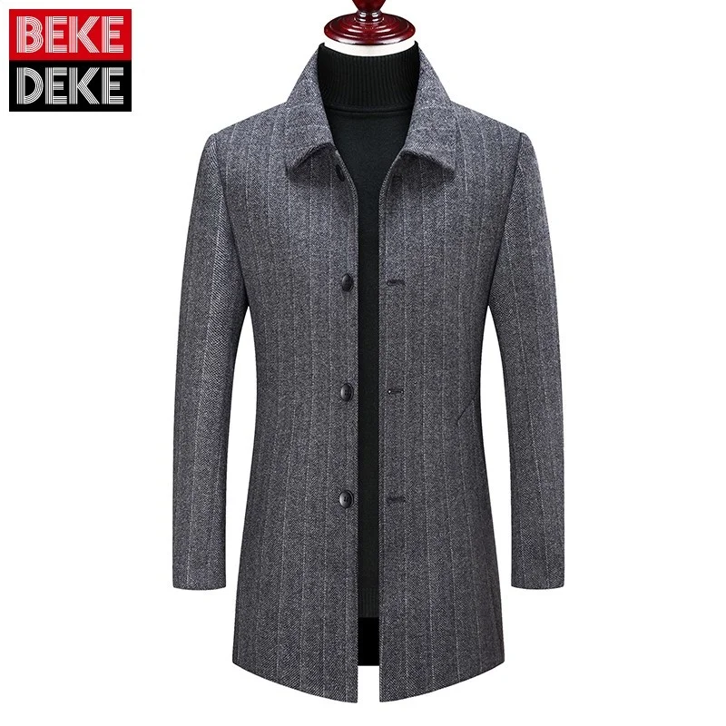 Coat Woolen Mens 2022 New Turn-Down Collar Single Breasted Pockets Solid Male Business Casual Winter Trench British Style