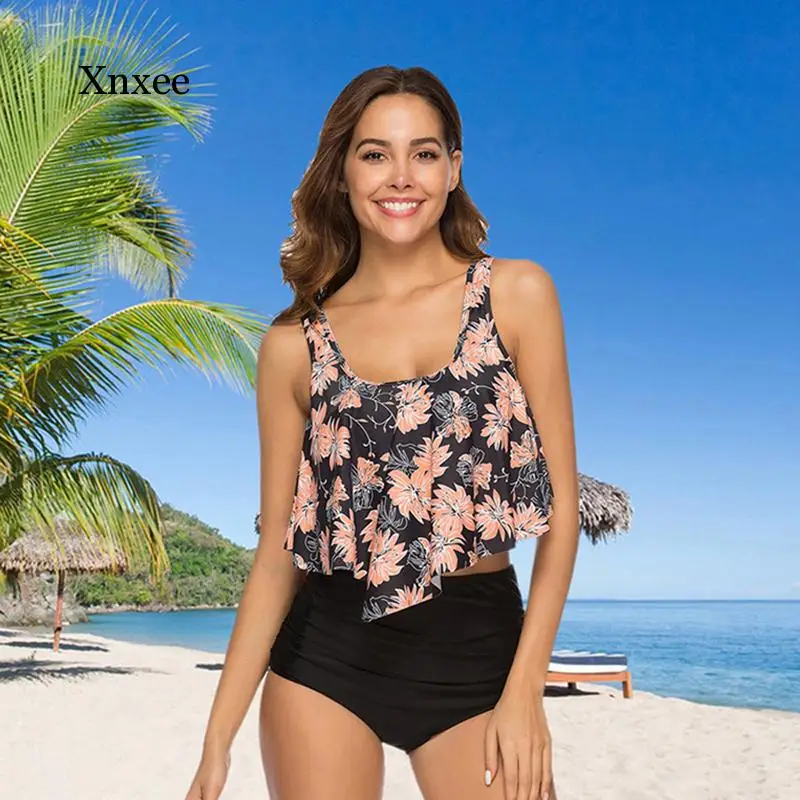 Bikini de cintura alta con volantes para mujer, traje de baño informal con estampado para playa, Tankini, ropa de baño 2021