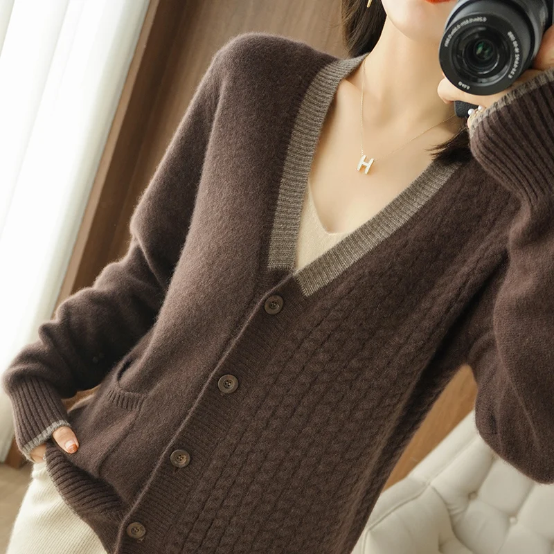 100% Cashmere V-neck sweater Autumn/Winter 2021 Women\'s  Collar Cardigan Casual Knit Tops Korean Plus Size Female Jacket