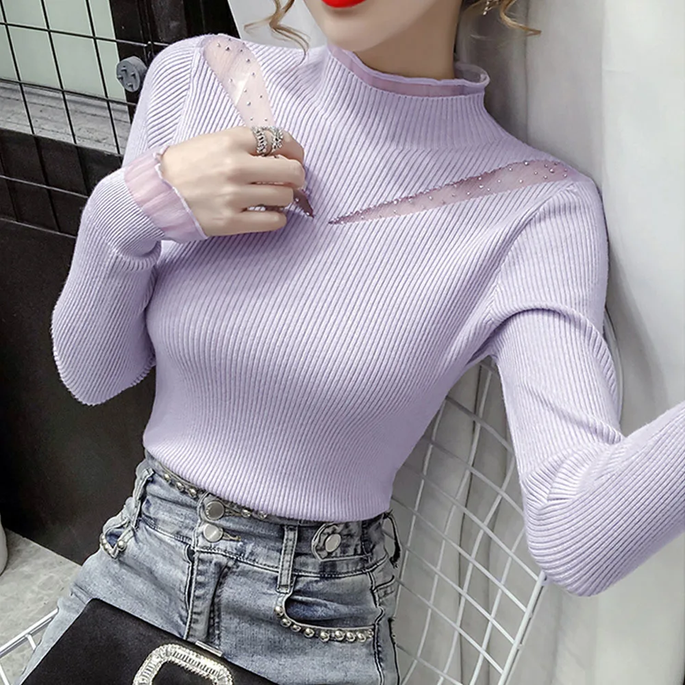Fall Winter Korean Style Knitted Sweater Fashion Sexy Patchwork Mesh Transparent Ruffles Women All Match Female Jumper