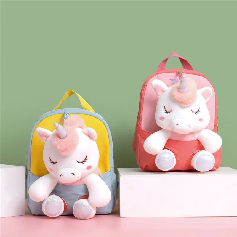 New Cute Unicorn kids backpack plush doll children\'s backpack in kindergarten light school girl backpack nylon backpack for boys