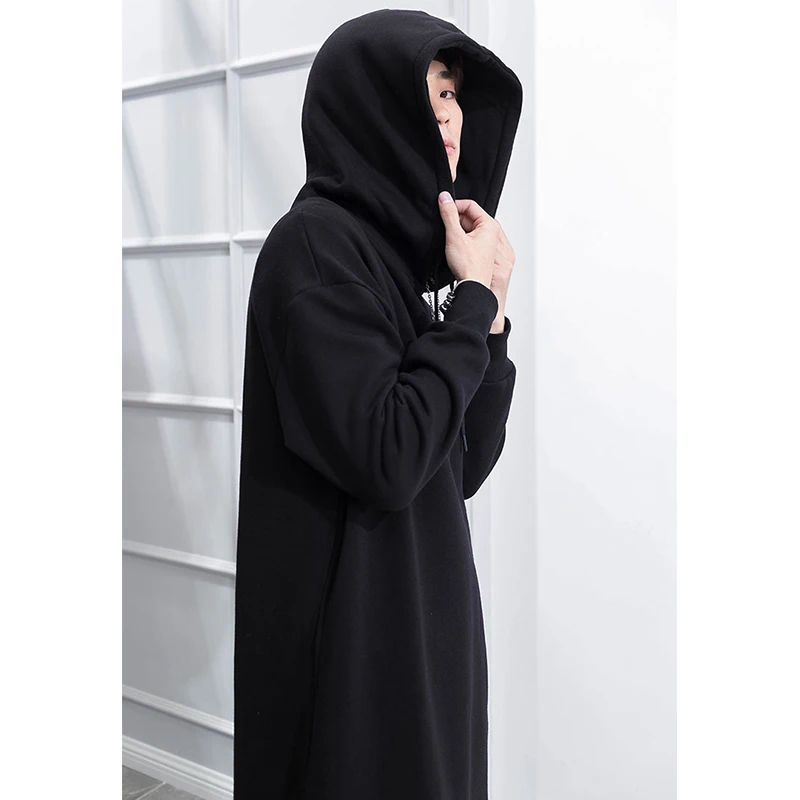 M-4XL long men\'s winter over the knee plus velvet thick winter hooded pullover loose trendy thick coat wild