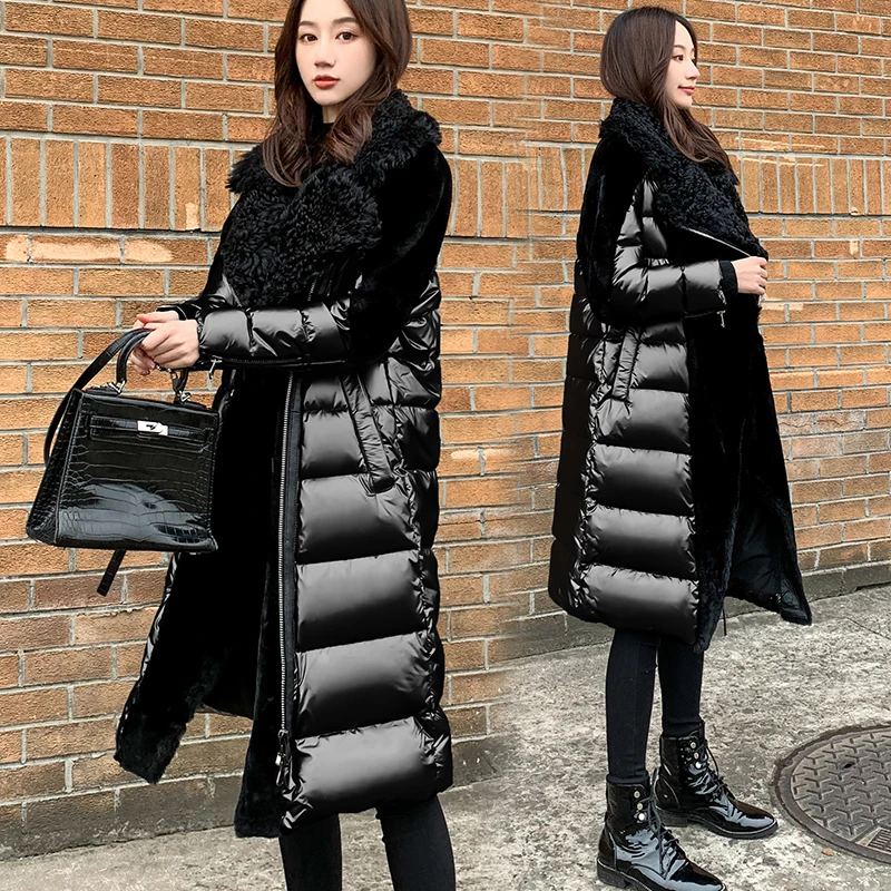 

High-end Thicken Long Parkas Women Black Glossy Patchwork Lamb hair White duck down Coat Silver Winter Warm Ladies Outwear