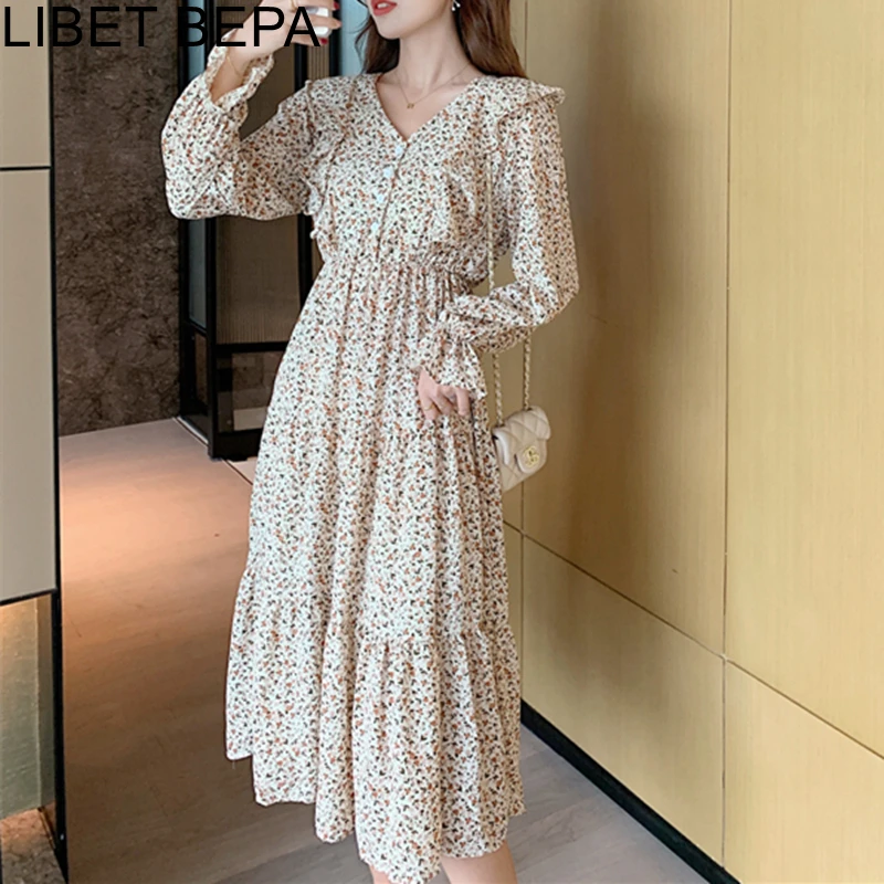 2022 New Chic Floral Printed Chiffon High Waist Elegant Lady Ruffles V-Neck Vintage Women's Autumn Winter Long Dresses DR2255