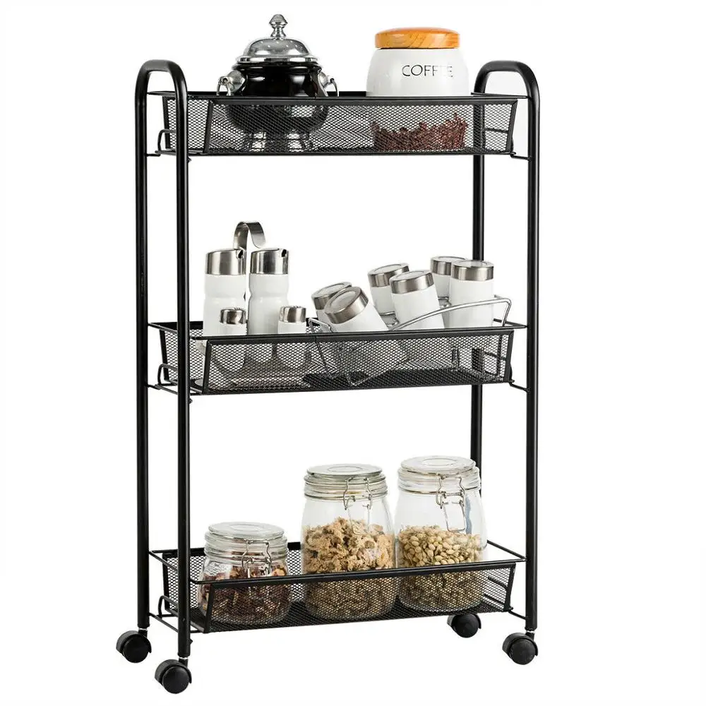 3 Tier Rolling Storage Cart Full-Metal Basket Stand Utility Cart Trolley