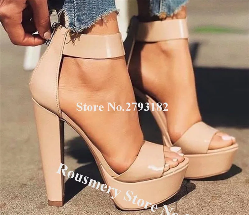 

Women Elegant Open Toe Patent Leather High Platform Chunky Heel Sandals Ankle Strap Back Zipper-up Thick High Heel Sandals
