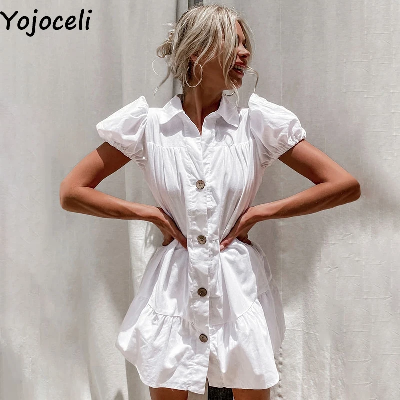 

Yojoceli Sexy summer new loose cotton women dress Casual beach cute white dress shirt Mini short puff sleeve dress vestidos