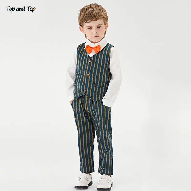 

Top and Top NEW Children Clothing Set Boys Gentleman 4Pcs Suit Long sleeve Bowtie Shirt+Pants+Vest+Bow Tie Outfits Striped Style