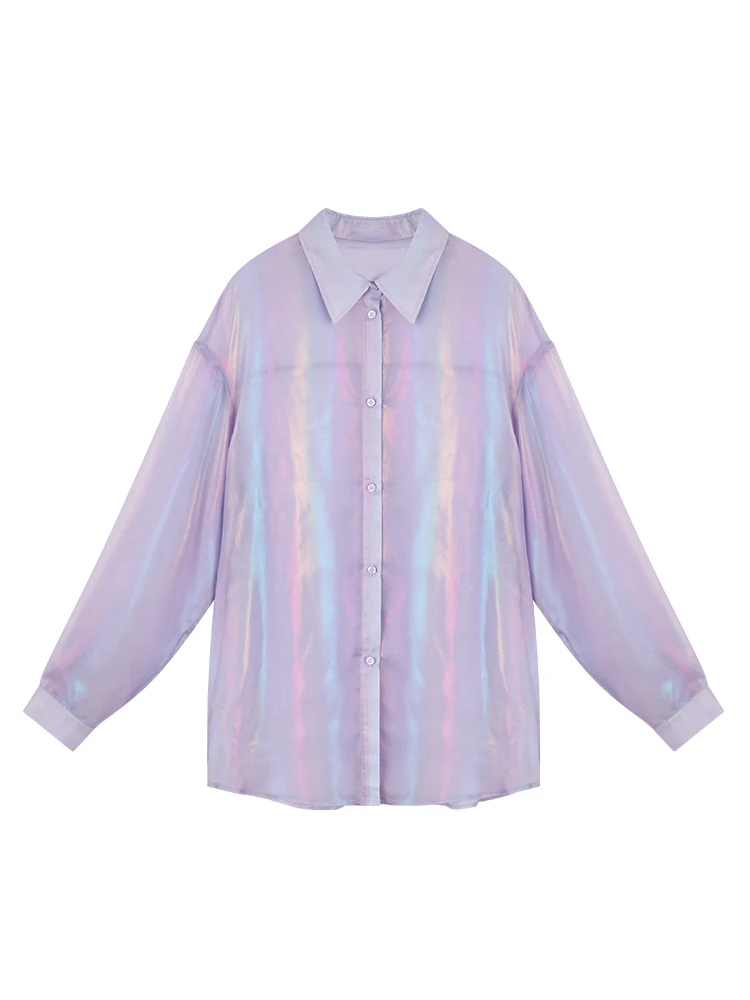 New come !Chiffon Laser Symphony Sunscreen Lantern Sleeve Jersey Jacket Iridescent Rainbow Hologram Shirt Transparent Loosen