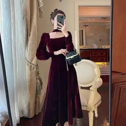 Sexy Dress Women French Retro Vintage Square Collar Waist Office Lady Wine Red Golden Velvet Autumn and Winter Female Clothing