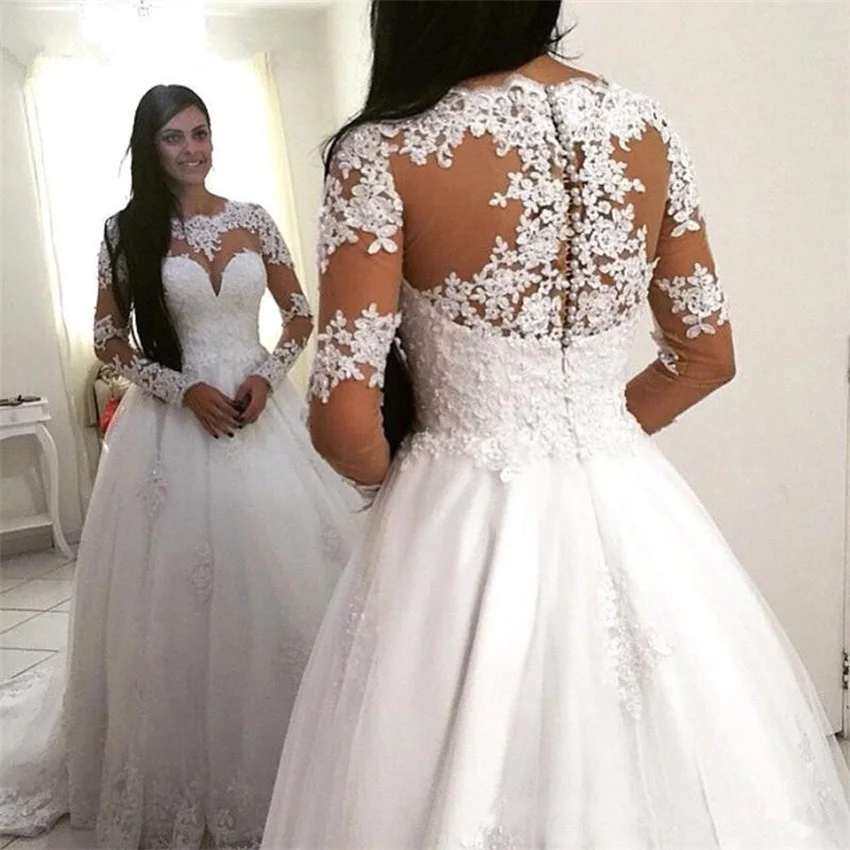 NUOXIFANG-Vestidos De Novia con Apliques De encaje para mujer, traje elegante De tul, manga larga, A la moda, 2020