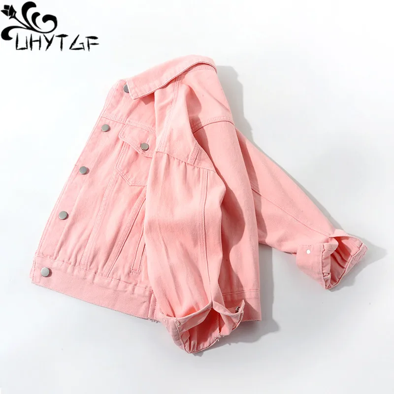 

UHYTGF Cute girl Spring autumn denim jacket long sleeve casual student short coat Korean loose big size jeans jacket women 1593