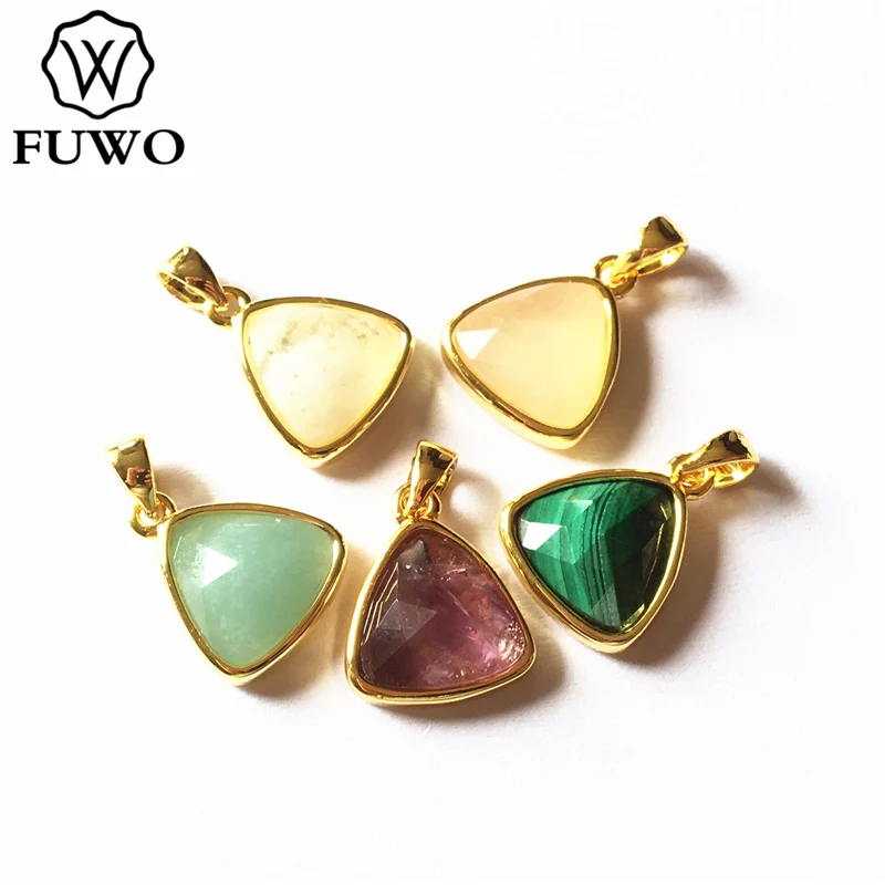 FUWO Wholesale Natural Crystal Triangle Pendant,Golden Plated Anti Tarnish Semi Precious Stone For Jewelry Making 5Pcs/Lot PD288