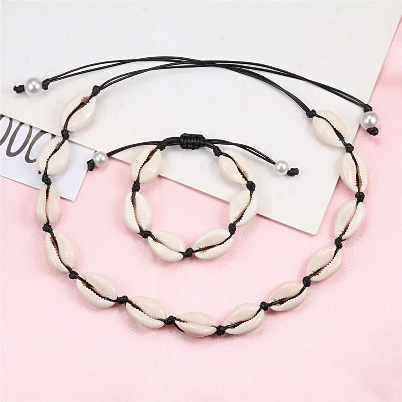 Hot Natural Shell Women Necklace Bracelet Set Women White Marine  Conch Black Rope Boho Jewelry Charm Accessories Festival Gifts