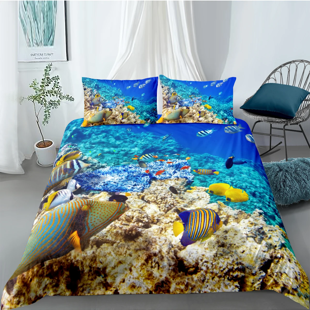 

Yi Chu Xin 3D Underwater World Bedding Set queen Size kids cartoon Duvet Cover with pillowcase Set Children's bed comforter set