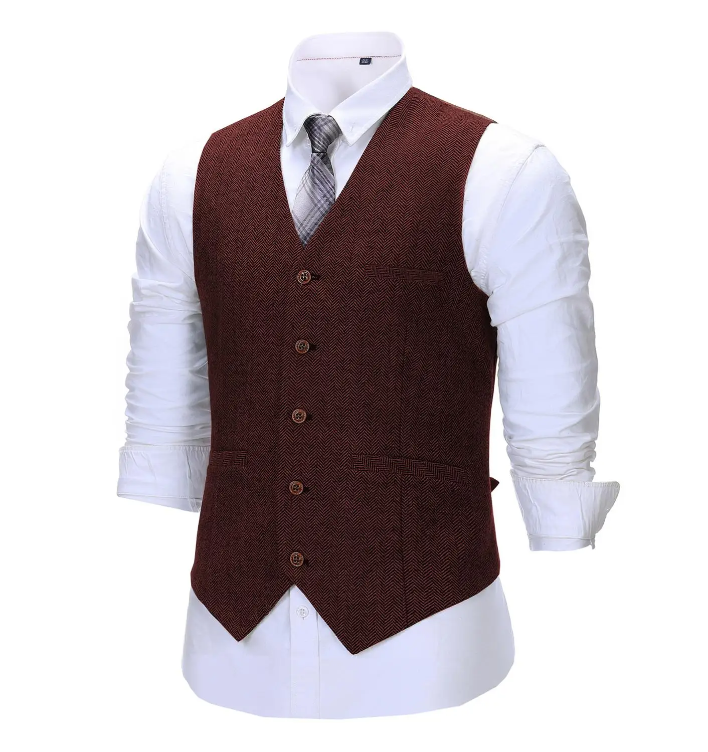 Men\'s Herringbone Wool Tweed Slim Fit Leisure Cotton Suit Burgundy Vest Gentleman Business Brown Waistcoat For Wedding Groom