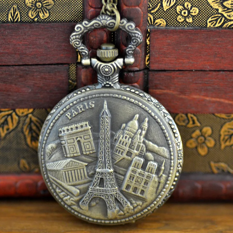 8050Large vintage Paris Tower Castle pocket watch Copper hollow vintage Paris Tower Castle pocket watch