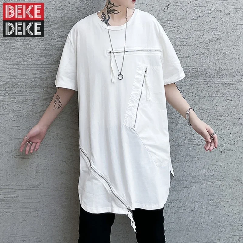 Designer Summer Short Sleeve T Shirt Men O Neck Zipper Loose Gothic White T Shirts Streetwear Korean Style Casual Mens Tees Top