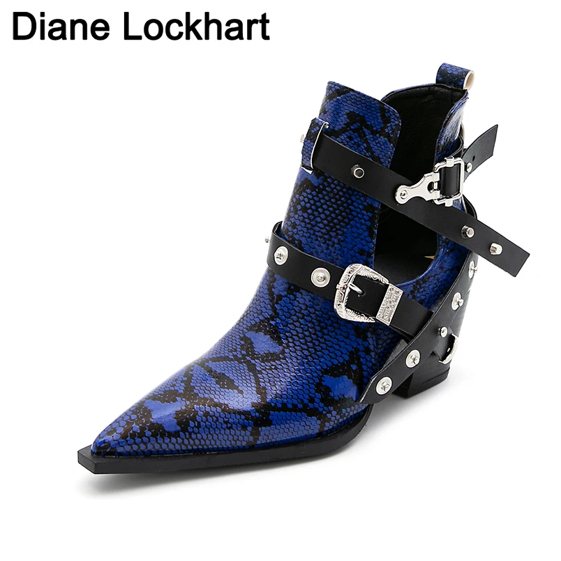 Motorcycle Western Cowboy Laarzen Vrouwen Snake Pu Lederen Korte Cossacks Hoge Hakken Wees Cowgirl Booties Gesp Vrouwen Schoenen