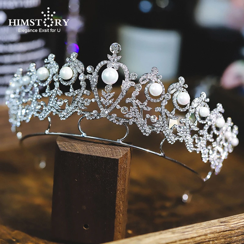 

HIMSTORY European Crown and Tiara Wedding Hair Accessories For Women Princess Luxury Headpiece Pearl Flower Headband Jewelries