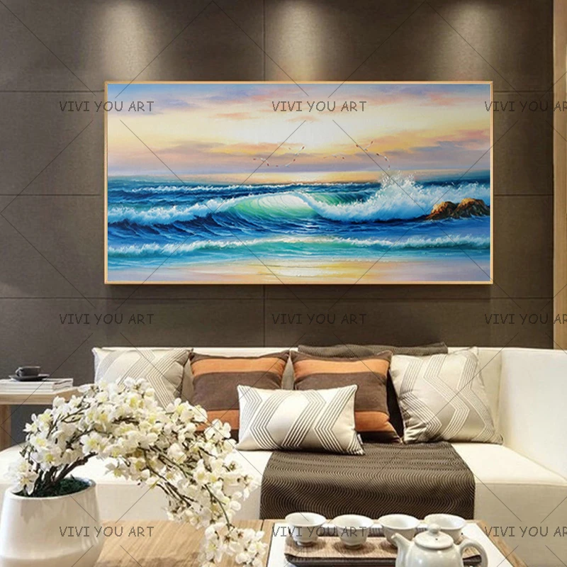 Large Size Sunset Sea Wave Pictures Wall Art Handpainted Coloring Sunrise Seagull Canvas Living Room Bedroom Home Decor