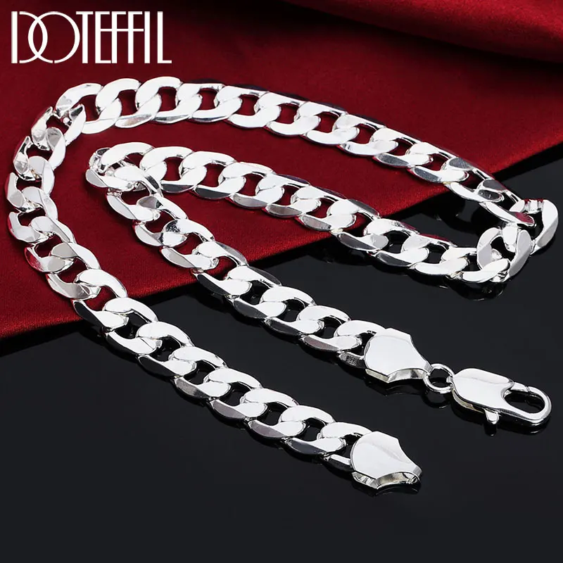 DOTEFFIL 925 Sterling Silver 18/20/22/24/26/28/30 Inch 12mm Flat Sideways Necklace For Women Man Fashion Wedding Charm Jewelry