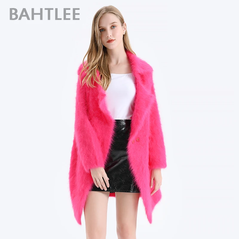 BAHTLEE-Knitted Cardigans with Pocket for Women, Angora Coat, Long Sleeves, Wool Jumper, Turn Down Collar, Winter