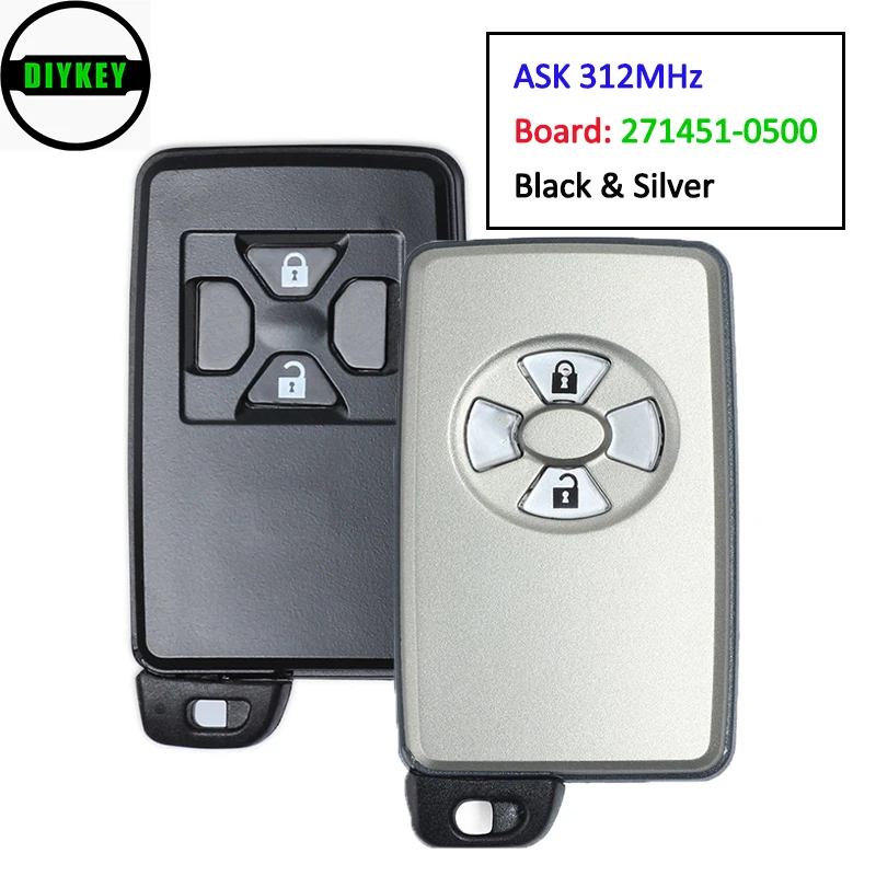 DIYKEY ASK 312MHz Smart Remote Car Key Fob 2 Button Black/Silver for Toyota Corolla Auris Vanguard Premio Mark X Zio 271451-0500