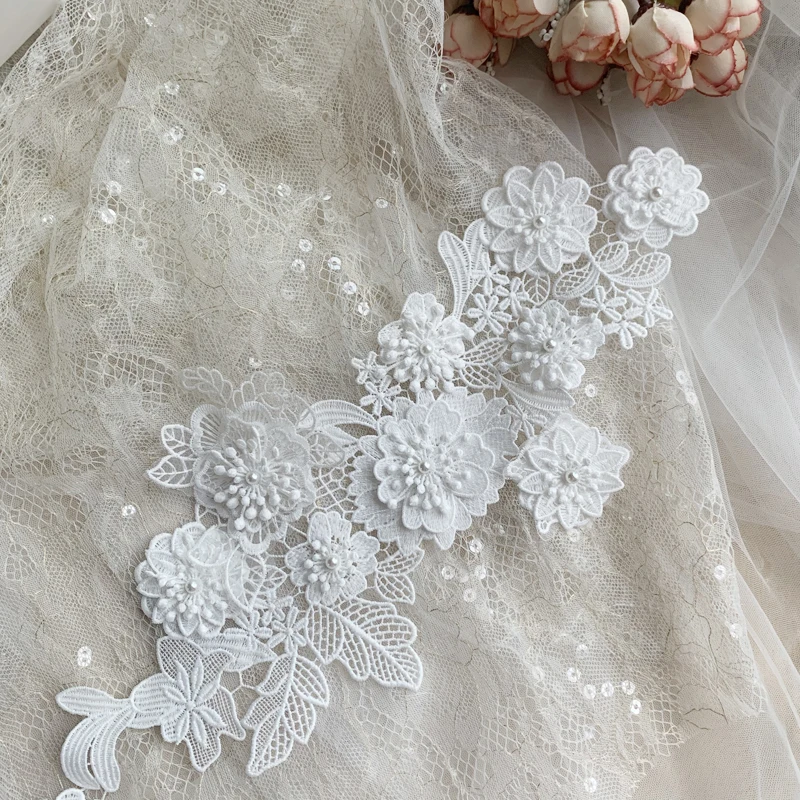 Milchseiden-Stickerei, mehrschichtige 3D-Blumen-Spitze, Spiegel-Applikation, dekoratives Nähzubehör, Hochzeitskleider, RS2899 – Detail 2