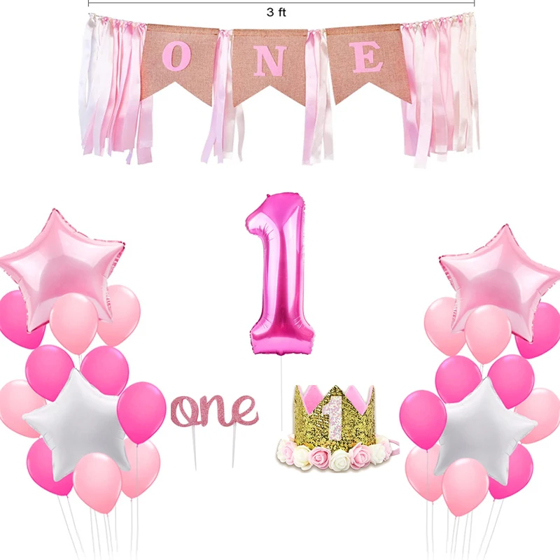 

Baby girls 1st birthday ballons with birthday highchair banner crown cake topper No.1 foil ballon for children birthday party